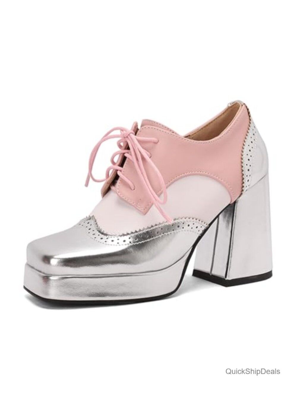 Women Square Toe Chunky Heel Lace Up Oxford Pumps Platform Perforated Brogues